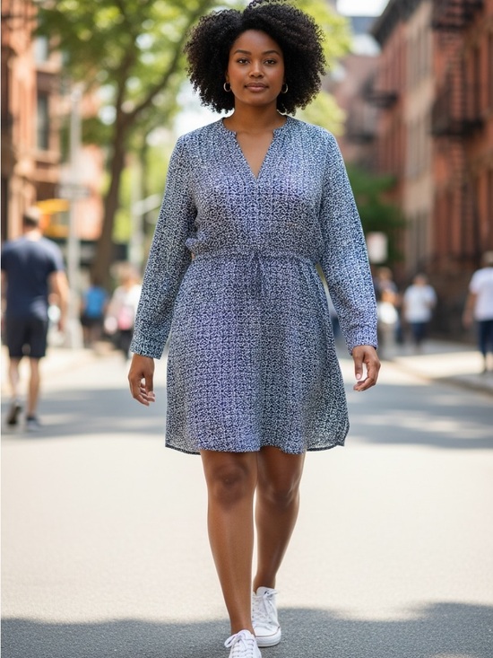 LOFT Dresses & Skirts - LOFT Blue White Geometric Mosaic V-Neck Drawstring Waist Shirt Dress | L